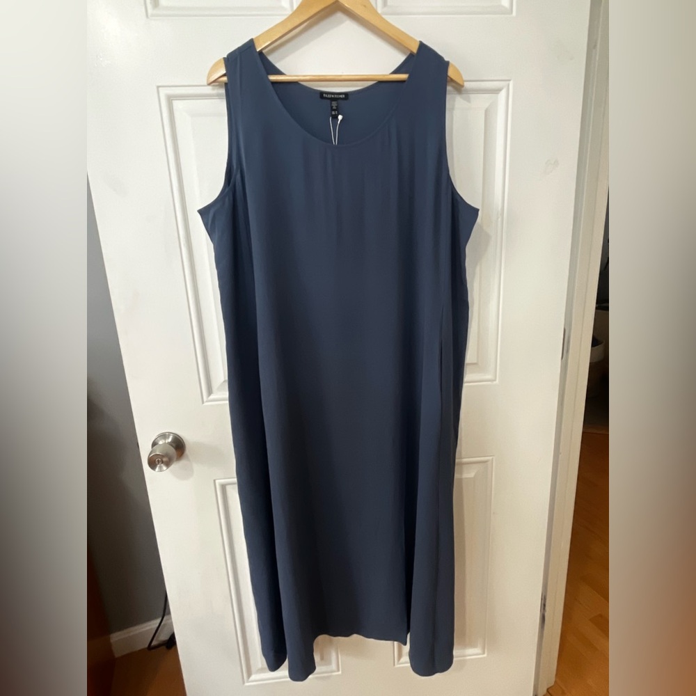 NWT Eileen Fisher silk crepe de chine easy dress 1x dusk sleeveless midi blue